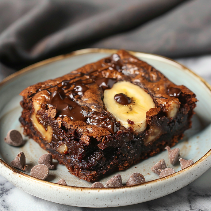 Banana Bread Brownie on a plate with chocolate chips