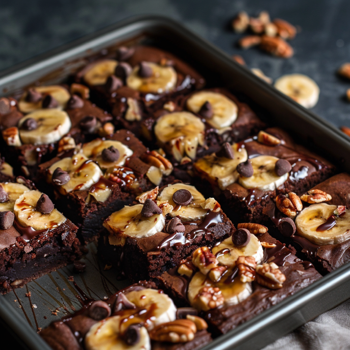 Banana Bread Brownies sliced in a baking tray with chocolate chips on top