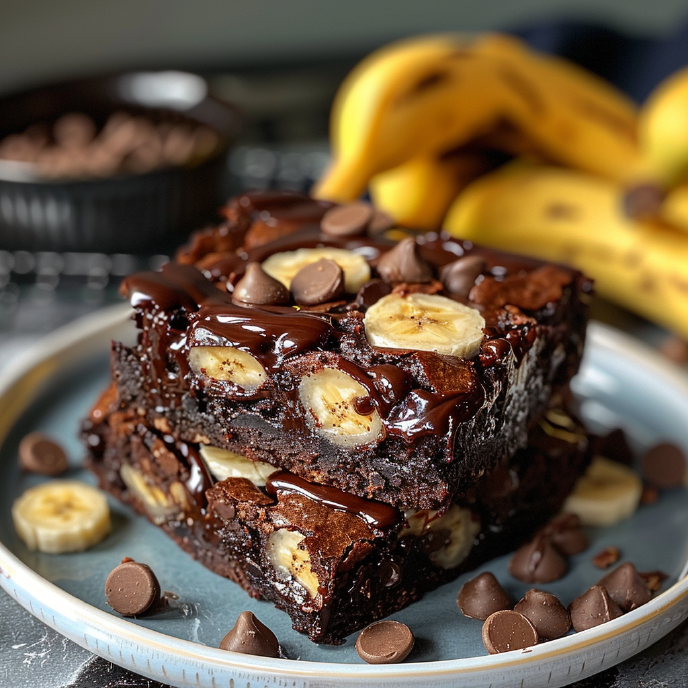 Banana Bread Brownies stacked on a plate