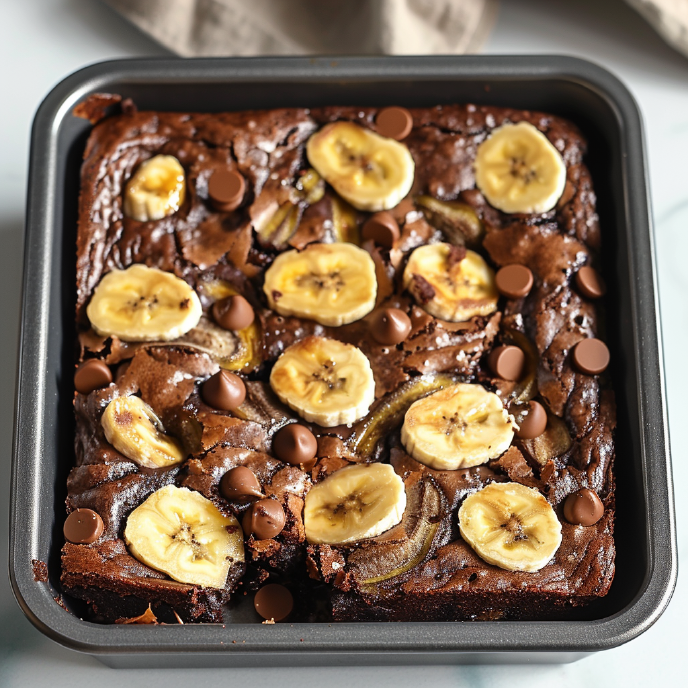 Banana Bread Brownies with sliced banana and chocolate chips in a baking tray, top down view