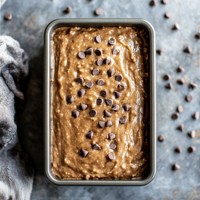 Biscoff Banana Bread with Chocolate Chips batter in a baking pan, top view