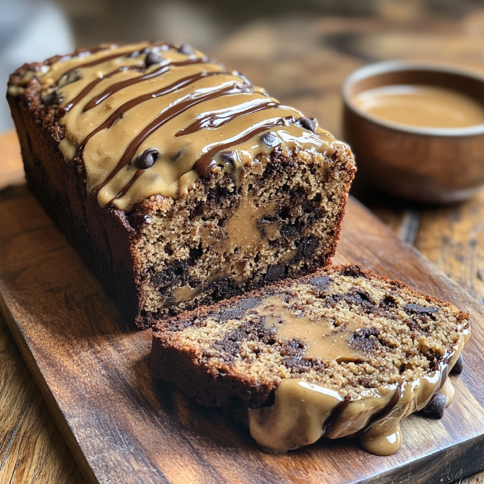 Biscoff Banana Bread with Chocolate Chips sliced on a chopping board