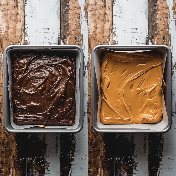 Baking pans side by side. On the left, it's half filled with brownie batter. One the right, it's covered in Biscoff