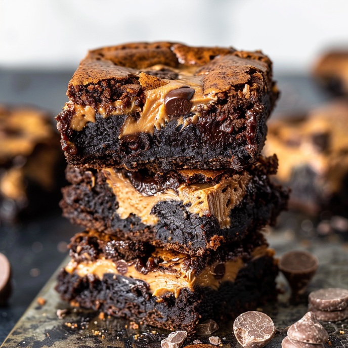 Fudgy Biscoff Brownies stacked on a dark kitchen table