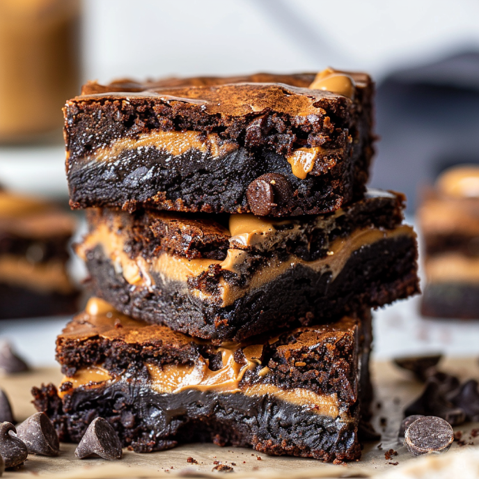 Stacked Fudgy Biscoff Brownies on a chopping board