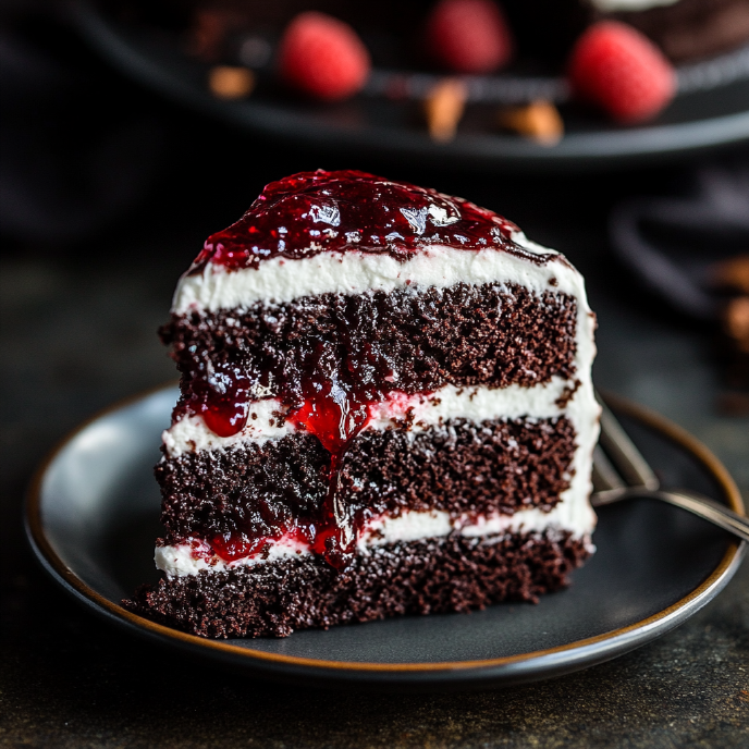 Slice of Dark Chocolate Cake with Oozing Raspberry "Blood"