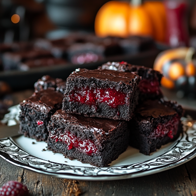 Black Brownies with Gooey Jam Filling on a plate