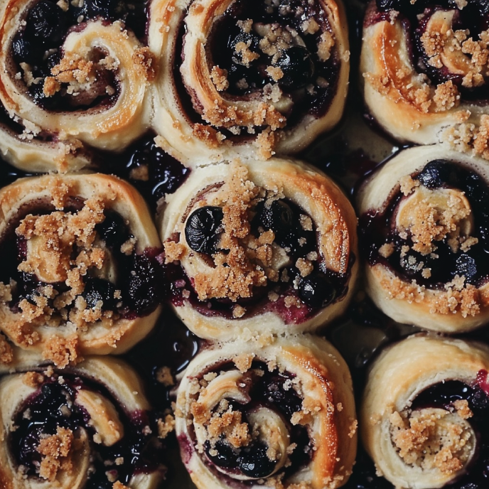 Blueberry Crumble Cinnamon Rolls, top view