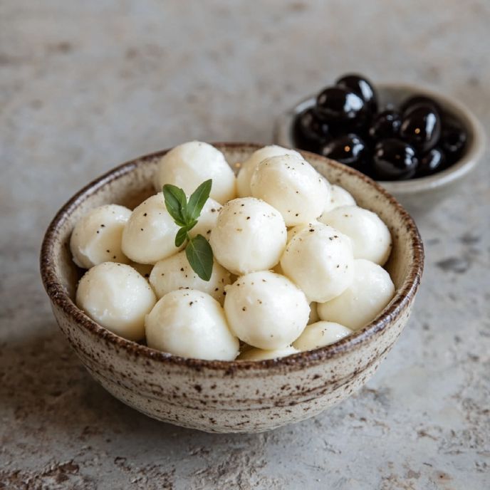 A bowl of mini mozzarella balls with a small bowl of black olives on the side