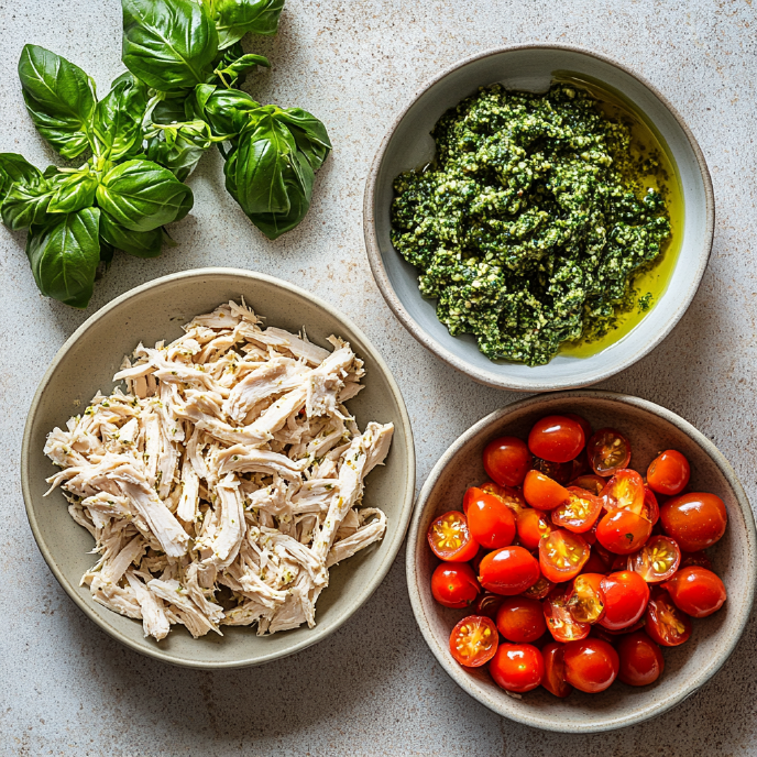 Fresh basil leaves, basil pesto in a bowl, shredded chicken in a bowl, chopped cherry tomatoes in a bowl, top view