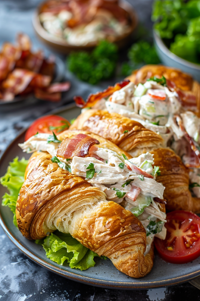 Chicken Salad Croissants with Bacon and Sliced Tomato