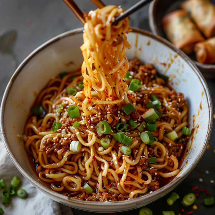 Homemade Chili Oil Noodles in a bowl with scallions