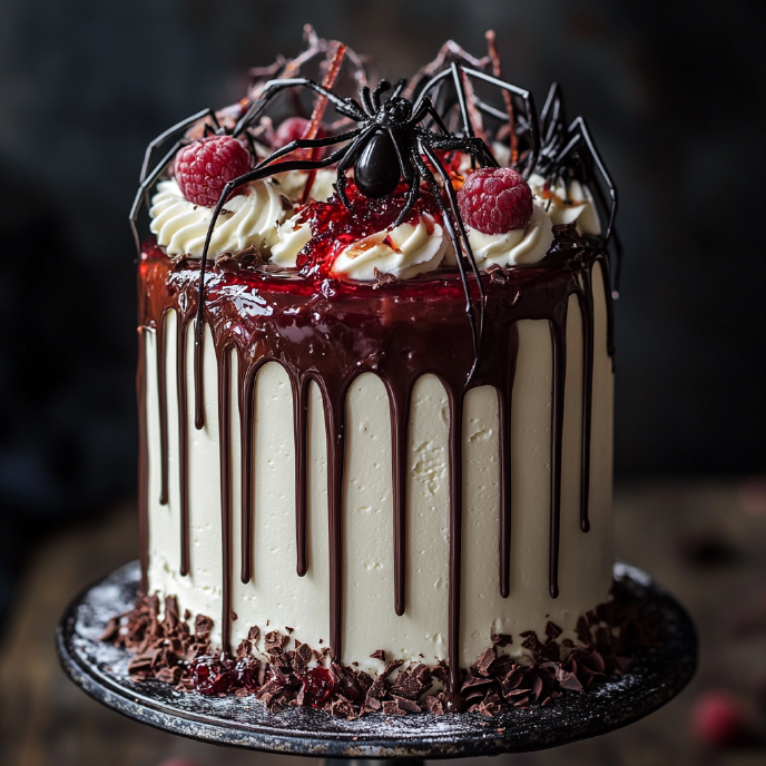 Dark Chocolate Cake with Oozing Raspberry "Blood" and Plastic Spiders