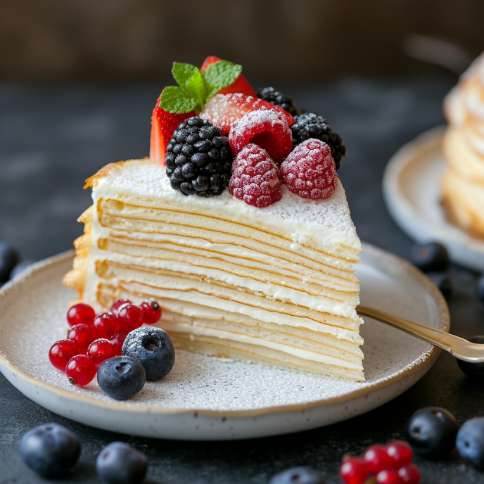 Crepe Cake Slice with fresh fruit