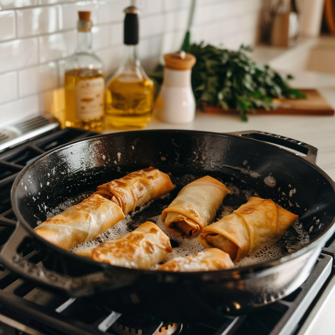 Easy Corned Beef Egg Rolls frying in a skillet