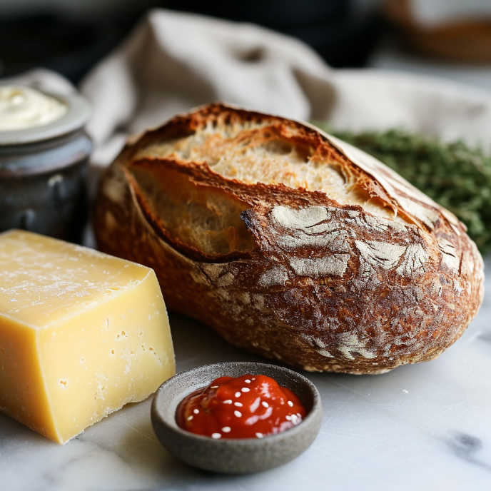 Gochujang Grilled Cheese Sandwich ingredients: sourdough bread, cheese, mayo, and gochujang paste