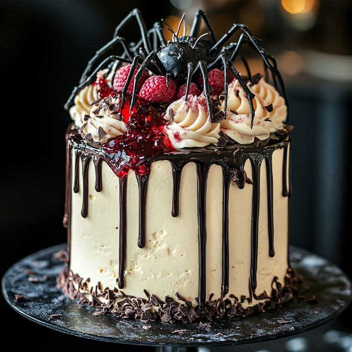 Dark Chocolate Cake with Oozing Raspberry "Blood" and Spiders