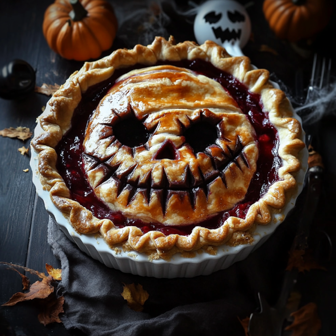 Halloween Pie on a table with pumpkins