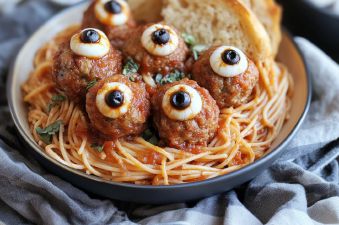 Halloween Spaghetti and Meatballs with Eyes