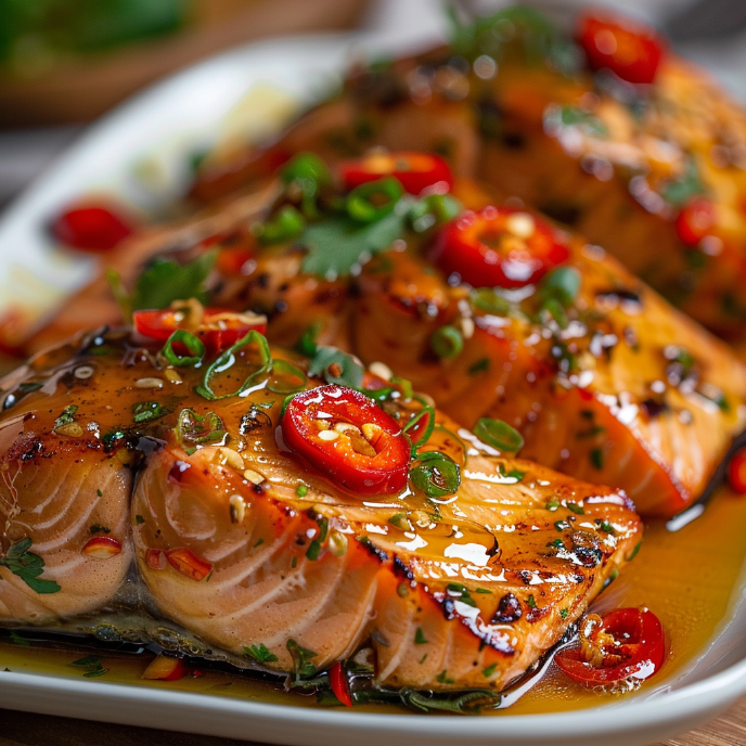 Hot Honey Salmon on a plate with fresh herbs and sliced chilies