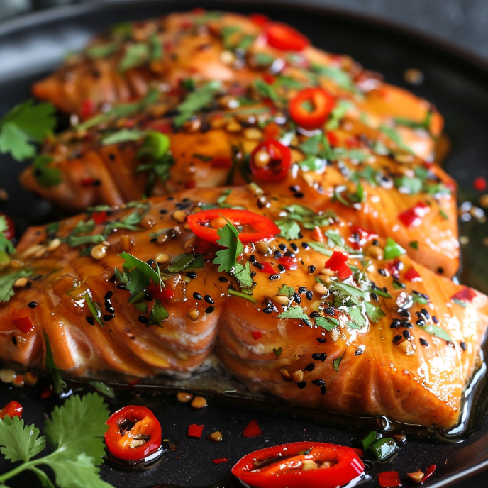 Hot Honey Salmon on a black plate with fresh herbs and sliced red chilies