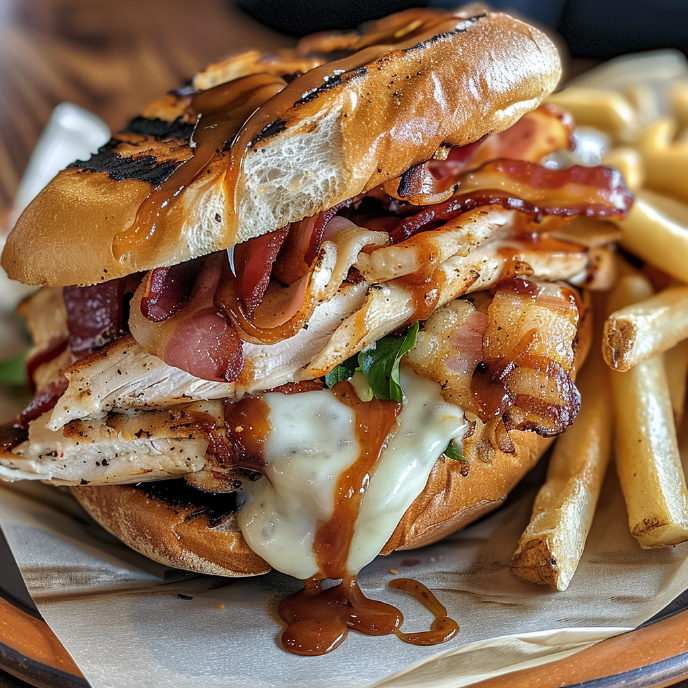 Hunters Chicken Sandwich in a brioche bun with fries