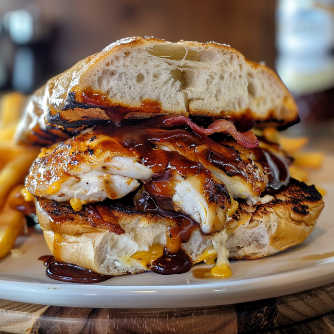 Hunter's Chicken Sandwich in a baguette with fries