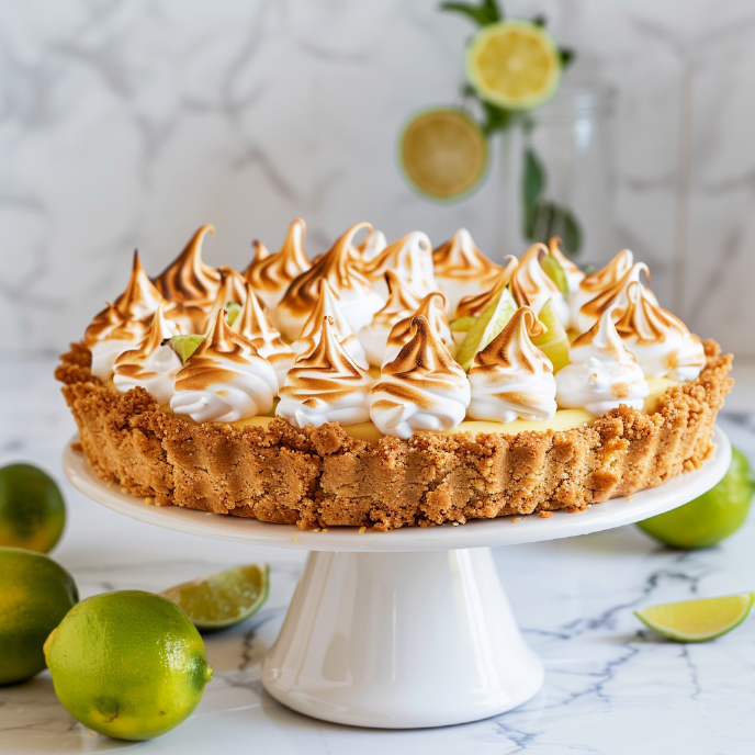 Whole Key Lime Pie with Meringue Topping on a Cake Stand