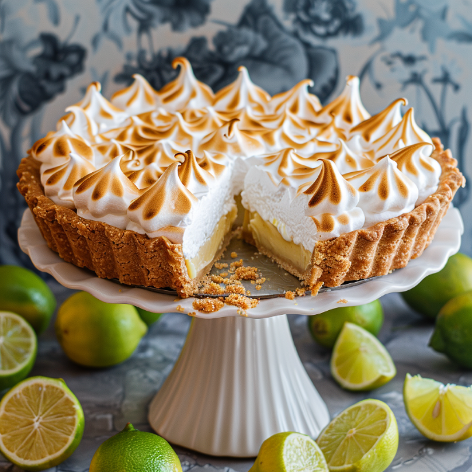 Whole Key Lime Pie with Meringue Topping with a Slice Removed