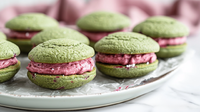 Matcha Whoopie Pies with Raspberry Frosting