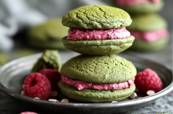 Matcha Whoopie Pies with Raspberry Frosting