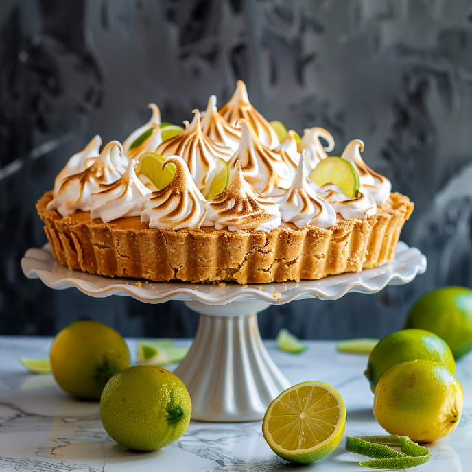 Whole Key Lime Pie with Meringue Topping on a White Cake Stand