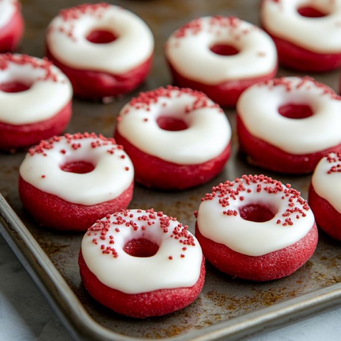 Mini Red Velvet Donuts with Glaze on a Tray