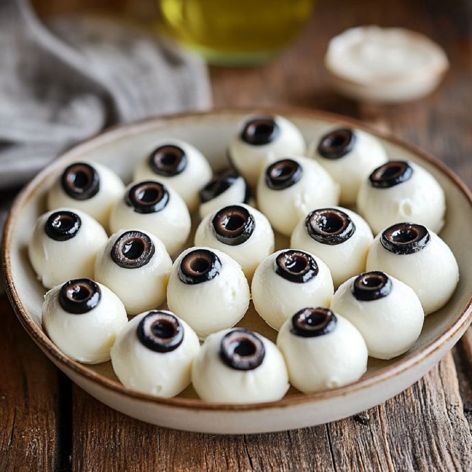 Mozzarella and black olive eyeballs for Halloween dinner