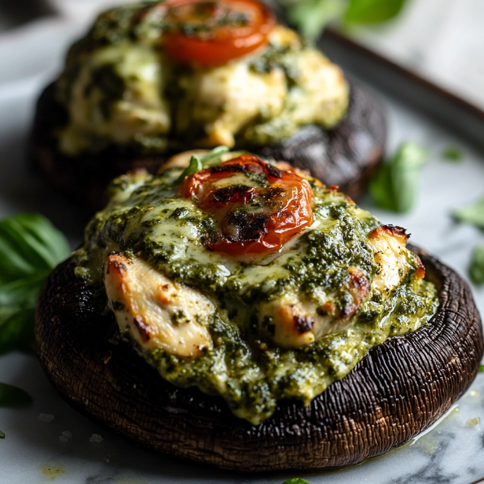 Pesto Chicken Stuffed Portobellos, close up