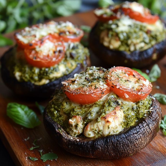 Pesto Chicken Stuffed Portobellos with juicy tomatoes on a chopping board