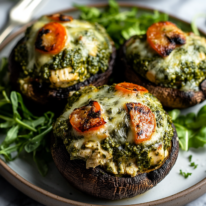 Three Pesto Chicken Stuffed Portobellos with blistered tomatoes on a bed of lettuce on a plate