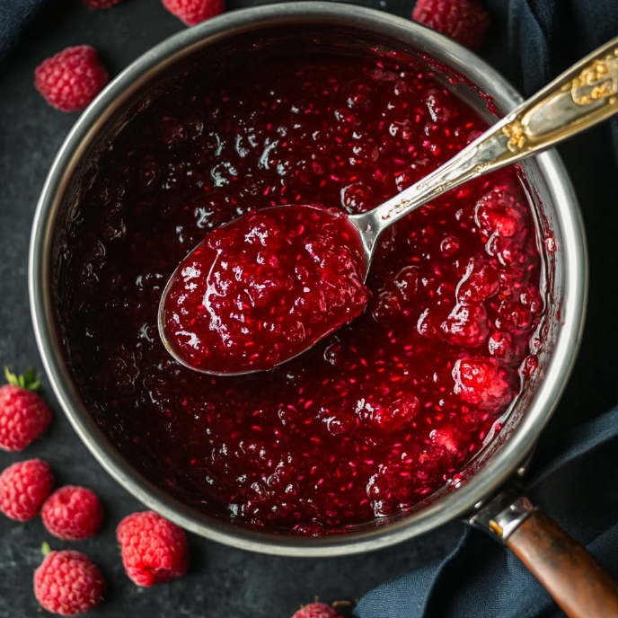 Raspberry jam in a saucepan, top view