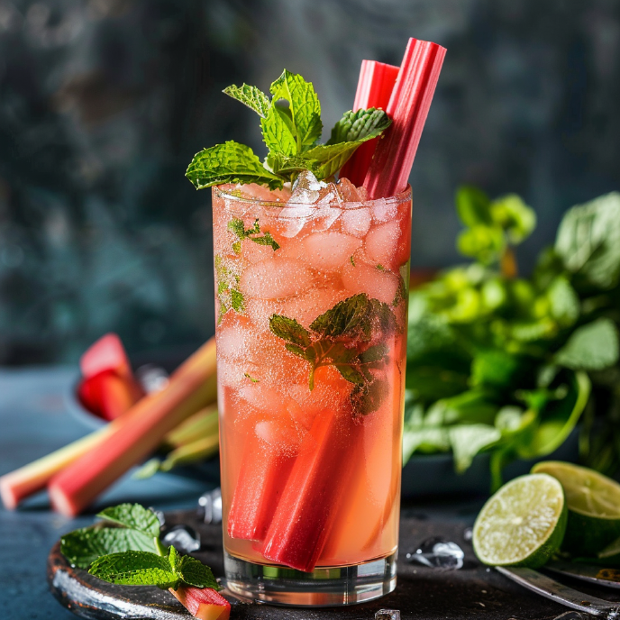 Rhubarb Mojito garnished with fresh mint and a rhubarb stalk