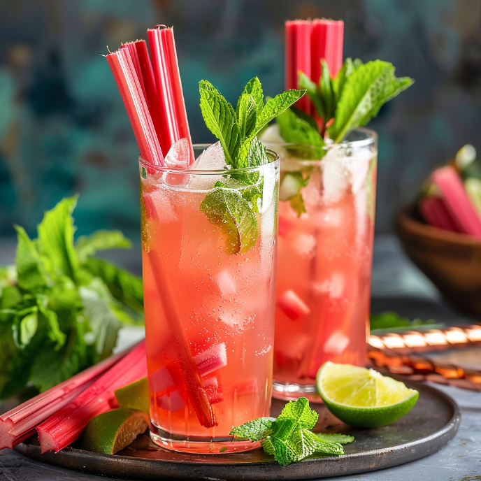 Perfect Rhubarb Mojitos on a tray