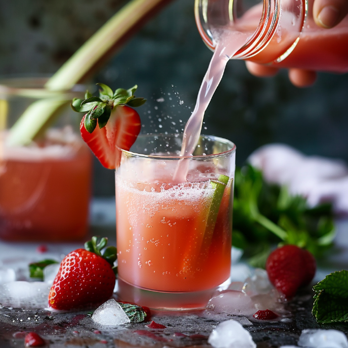Rhubarb Strawberry Bourbon Smash being poured into a glass with ice
