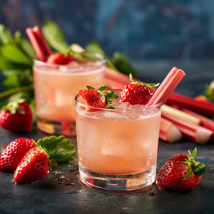 2 Rhubarb Strawberry Bourbon Smash cocktails on a table with fresg strawberries and rhubarb