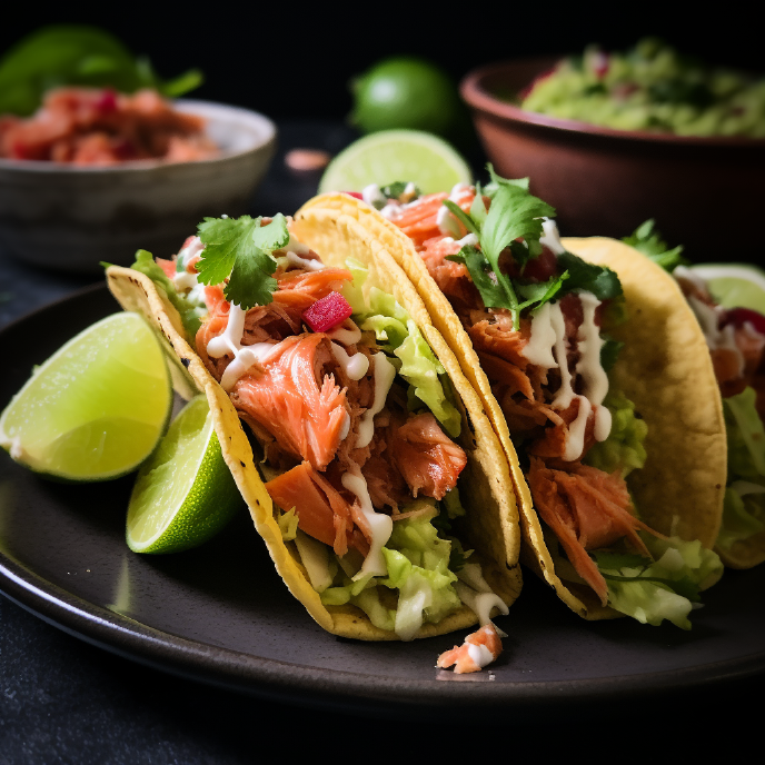 Teriyaki Salmon Tacos with lime on a plate