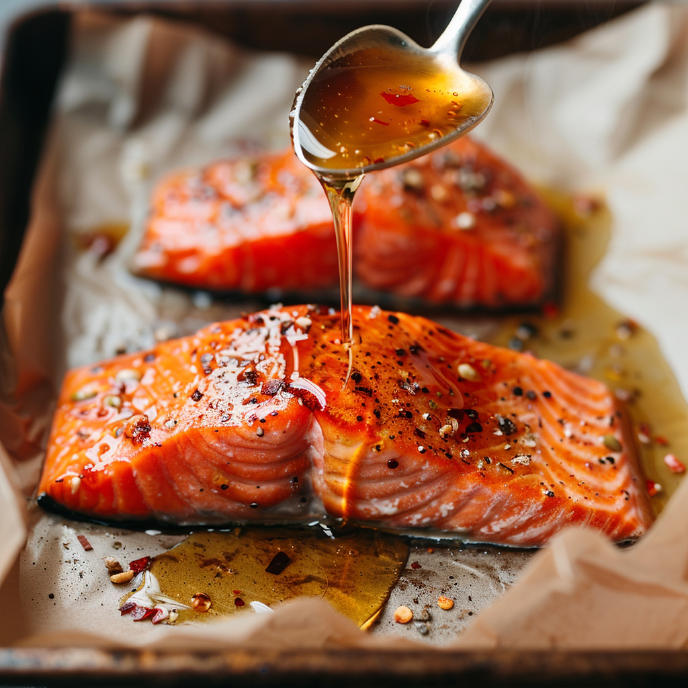 Hot honey being drizzled over salmon fillets