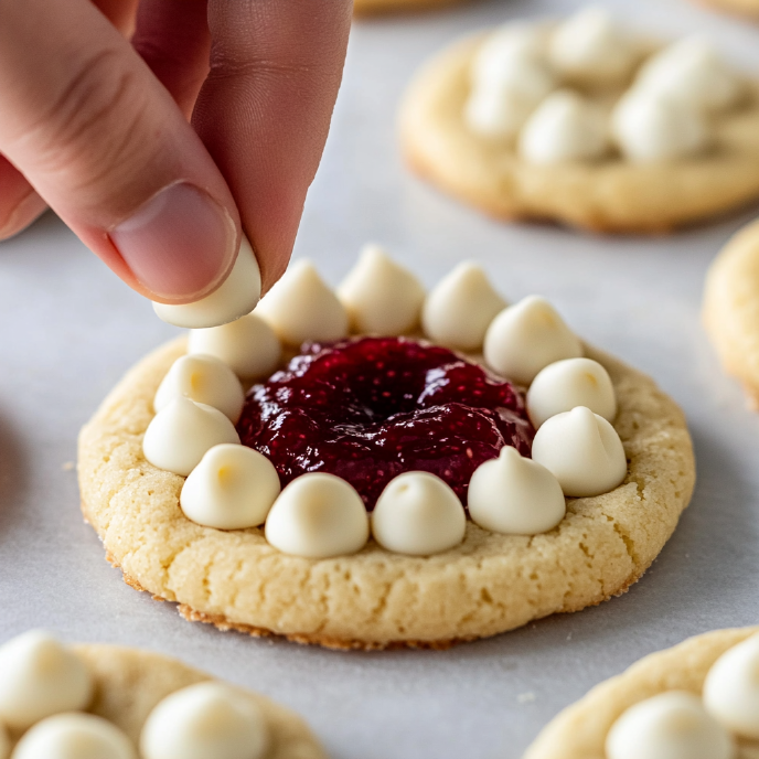 Sugar cookie topped with jam and white chocolate chips 