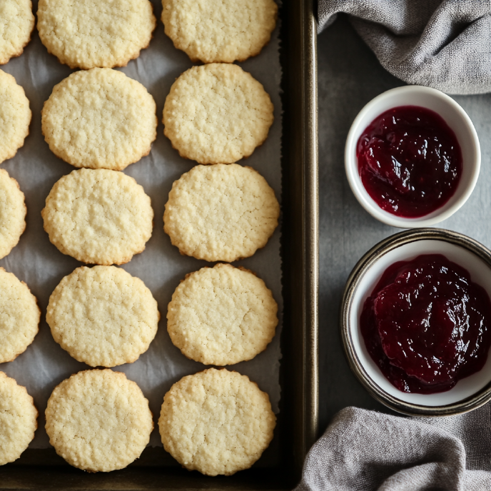 Sugar Cookies lined on a baking tray with small bowls of raspberry jam on the side