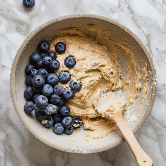 Sourdough Blueberry Muffin Batter in a bowl, top down view