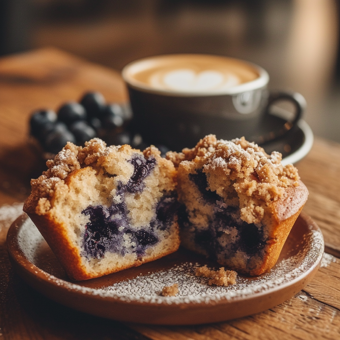 Sourdough Blueberry Muffin cut in half on a plate