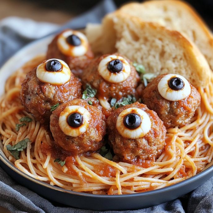 Halloween Spaghetti and Meatballs with Eyes