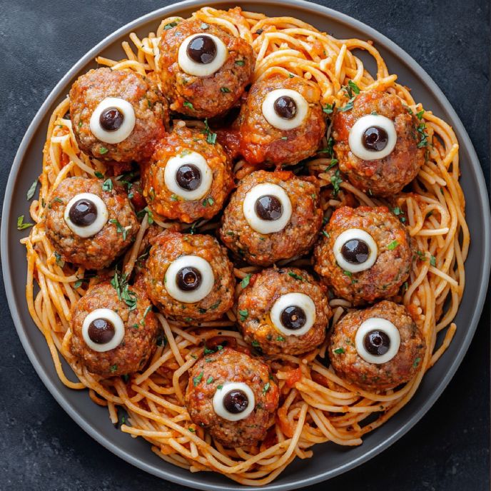 Halloween Spaghetti and Meatballs with Eyes, top view